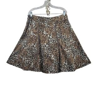 Westbound Petites Brown Leopard Print Cotton A-Line Flare Skirt PXL Ribbon Trim